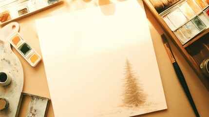 Painting materials with watercolor palette and blank canvas on table  