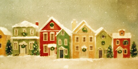 Colorful houses decorated for Christmas in snowy winter scene  