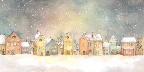Colorful houses in winter landscape with falling snow at twilight  