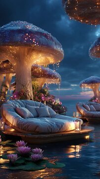 Magical floating lounge under glowing giant mushrooms with fairy lights