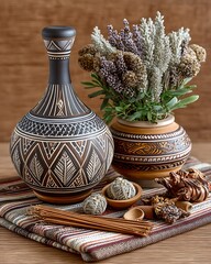 Decorative African Jar With Incense Bundle high resolution image