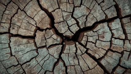 Fototapeta premium Close-up of a weathered tree stump showing its intricate growth rings and deep cracks, creating a textured, organic pattern.