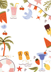 Summer, background, card of trend elements: sun, palm tree, dessert, glasses, ice cream. Fashionable modern art. Cartoon, minimalistic, abstract art Nouveau style. art template for summer  print. png
