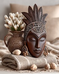 Decorative African Mask On Burlap Cloth high resolution image
