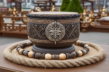 Decorative Ethnic Drum Surrounded By Beads high resolution image