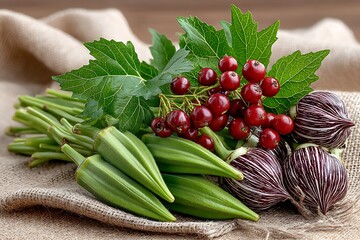 Decorative Farm Harvest With Okra And Eggplant high resolution image