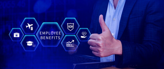 Employee Benefits Career Concept. Business Bonus Work Perks, Fringe benefits for employee engagement, Insurance, paid vacation, office perks