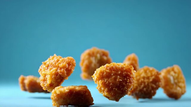 Crispy chicken nuggets floating against a vibrant blue background