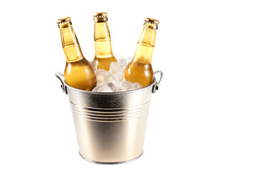 three bottles of beer in a bucket with ice