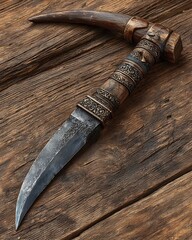 Decorative harvest sickle on old timber high resolution picture