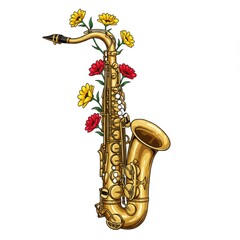 Gold Saxophone with Yellow and Red Flowers Pixel Art