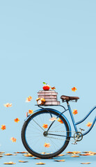 Bicycle with school books and autumn leaves on blue background with copy space. Back to school concept design. 3D Rendering, 3D Illustration