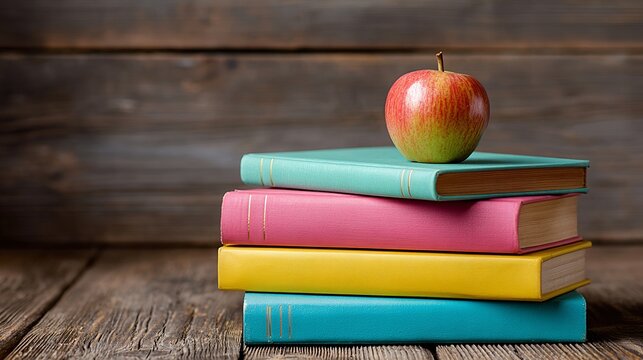 Stack of colorful books topped with a fresh red apple on rustic wood background for school theme still life.