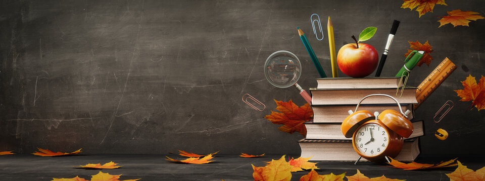 Ready for school concept background. Books with apple and autumn leaves on blackboard background with copy space.  3D Rendering, 3D Illustration	