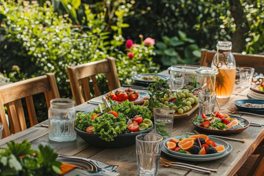 Fresh salads, fruits, and drinks laid out on a wooden table in a garden, creating a vibrant and inviting scene for a healthy outdoor meal