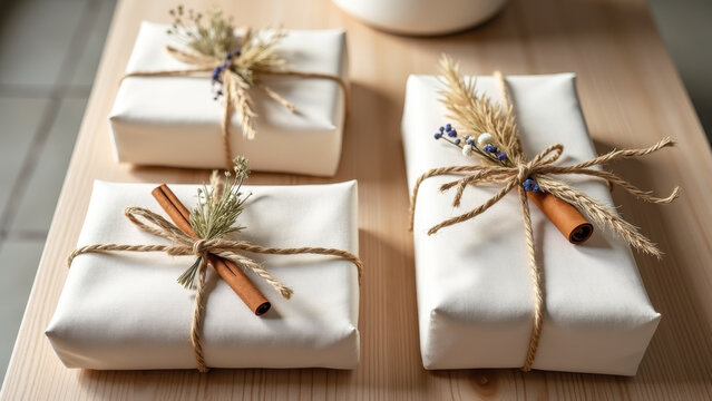 Minimalist eco-friendly gift packages wrapped in soft fabric with dried flowers and cinnamon sticks on a wooden table, promoting sustainable gifting.