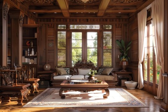 Sunlight streams into a luxurious living room filled with ornate wooden furniture, showcasing traditional asian design and craftsmanship