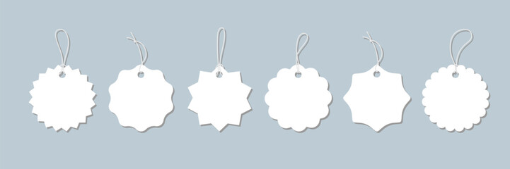 Minimalist white starburst scalloped hanging label set. Circle price tags isolated. Great for gift design, packaging, product labeling, marketing, ads, discount, business promotion, sale badge