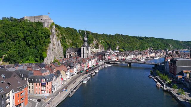 Aerial view of the village of Dinant, Belgium at sunset