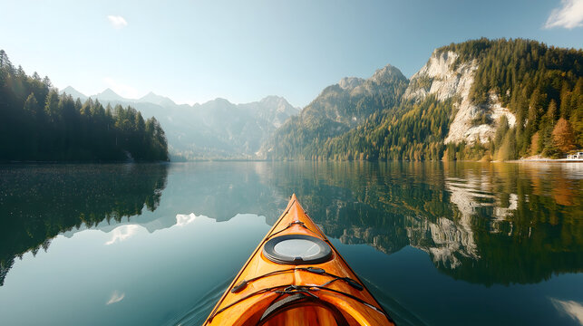 Scenic Summer Kayaking Adventure: Tranquil Lake and Mountain Reflections in Nature - Powered by Adobe