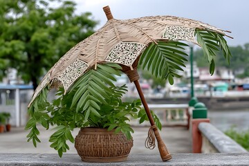 Decorative umbrella handcrafted using palm fibers high resolution picture