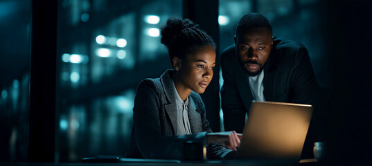 Business Collaboration: A focused professional couple at work, engrossed in their data on a laptop, under the dim light of the night, signifies teamwork and success in an urban environment.