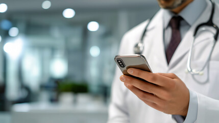 Telemedicine consultation: A doctor wearing a stethoscope looks at the phone screen in a modern clinical setting, blending technological advancement with patient care, representing modern healthcare.