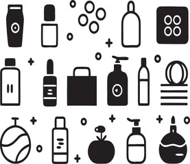 Fototapeta premium Collection of Beauty and Cosmetic Product Icons Bottles, Jars, and Packaging