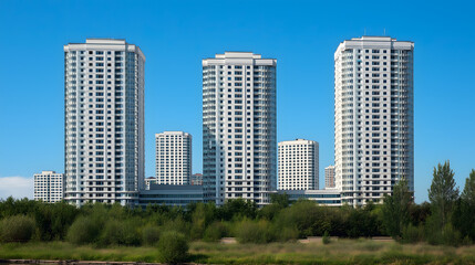 Obraz premium Modern Urban Landscape: High-Rise Residential Towers Amidst Skyscrapers and Greenery in a Stunning City Skyline