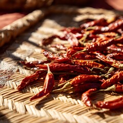 Dried red chilies on woven mat high resolution picture