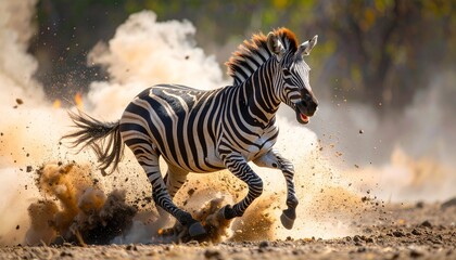 Fototapeta premium Terrified Screaming Zebra Escapes Fiery Explosion in Cinematic Close-Up; Dramatic Lighting, Blazing Flames, Intense Emotion, and Action-Packed Visuals in a High-Stakes Wildlife Escape