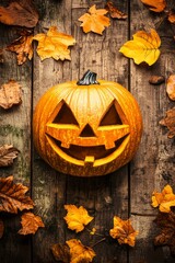 An enchanting Jack-O'-Lantern graces a rustic wooden surface surrounded by autumn leaves, embodying the warmth and charm of Halloween and fall gatherings.