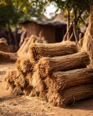 Dried rice straw bundles leaning on wall high resolution picture