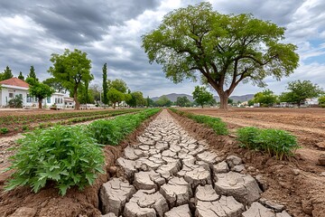 Dry farmland with cracked soil between rows high resolution picture