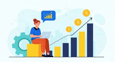 A woman works on a laptop near a gear and a bar chart showing financial growth and progress