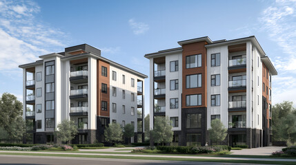 Obraz premium Modern Residential Complex: Multi-Story Apartment Buildings with Green Spaces in Urban City Living