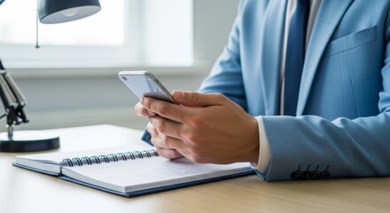 Professional using smartphone with notebook on desk