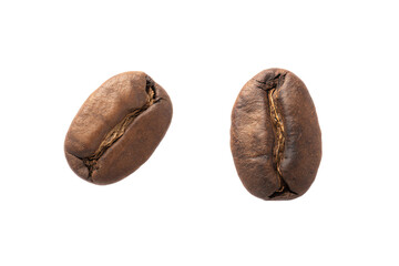 two coffee beans are shown on a white surface