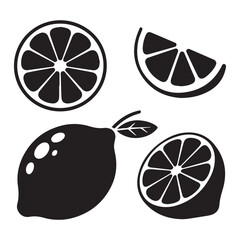 A collection of black silhouette icons featuring a whole lemon a lemon slice and a cross section of a lemon against a white background