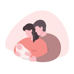 Couple holding baby together. Abstract silhouette of dad and mom holding newborn. Vector flat graphics.