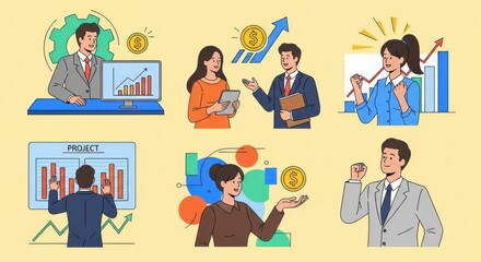 Business professionals collaborating on financial growth and strategy with charts and data