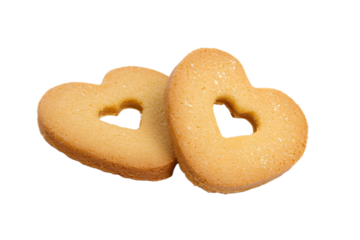 two heart shaped cookies on a white surface