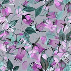 Watercolor Bluebells Seamless Pattern, Abstract Bell Flowers Repeat, Artistic Pink Purple Floral Fabric, Modern Botanical Design, Hand-painted Elegant Print