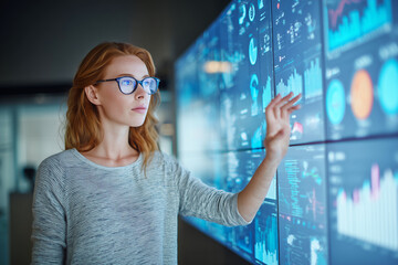 A woman wearing glasses is pointing at a large screen displaying various graphs