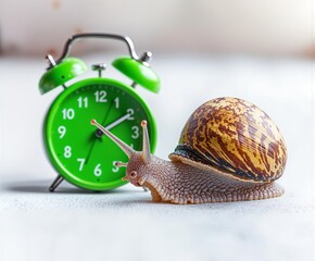 A brown snail crawls beside a bright green alarm clock on a white surface, symbolizing slowness, time, and patience in a minimal, quirky composition.