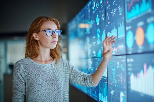 A woman wearing glasses is pointing at a large screen displaying various graphs