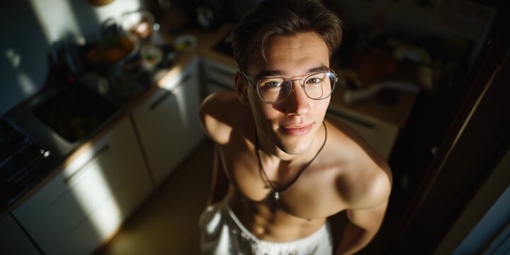 Young caucasian male with glasses in sunlit kitchen