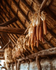 Earthen hut with maize bundles hanging high resolution picture