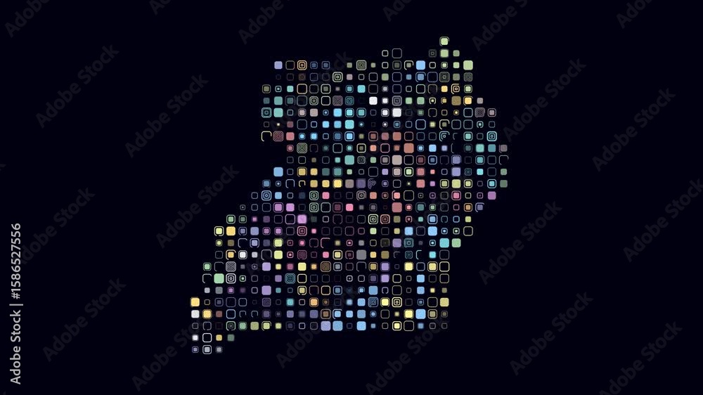 Poster uganda dotted animation. shape of the country build of pulsating colored dots. large size rounded sq