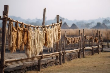 Earthy colored hanging nets outdoors high resolution picture